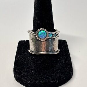 SIDAE Sterling Silver Opal Ring Wide Hammered Band Size 9 Artisan